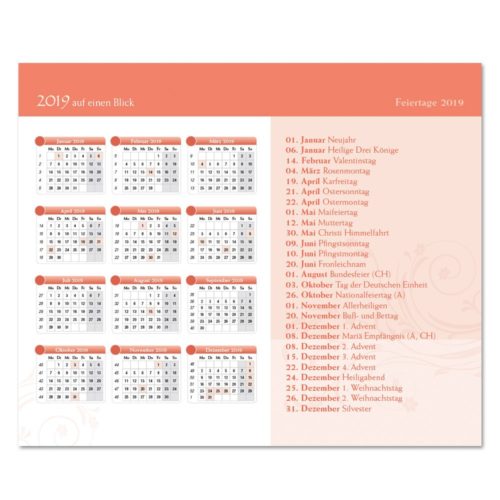 Kalender 2019 mit rechts aufgelisteten deutschen Feiertagen in Rot- und Orangetönen.