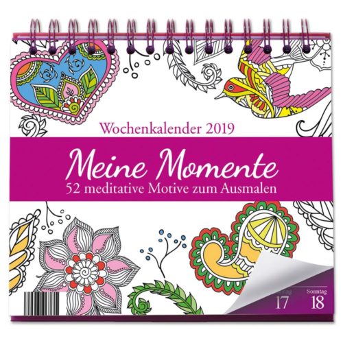 Farbenfroher Wochenkalender mit Blumen- und Vogelmotiven für das Jahr 2019 mit dem Titel „Meine Momente“.