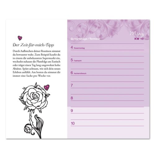 Eine Planerseite für März mit Blumenmotiven, einem Tippbereich und einer Liste für Termine oder Geburtstage.