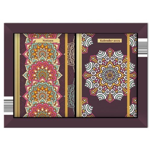 Zwei dekorative Notizbücher mit aufwendigem Mandala-Motiv, beschriftet mit „Notizen“ und „Kalender 2019“, in einem braunen Rahmen.