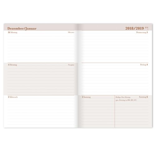 Offener Planer mit Wochenlayout von Dezember 2018 bis Januar 2019, mit Platz für Notizen.