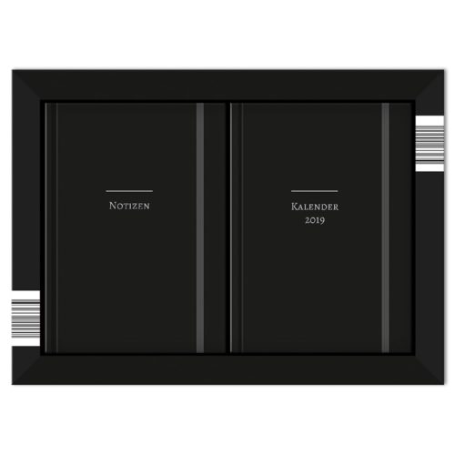 Schwarzer Rahmen mit zwei Notizbüchern darin: eines mit der Aufschrift „Notizen“ und das andere mit „Kalender 2019“ mit einem Barcode auf dem Rahmen.