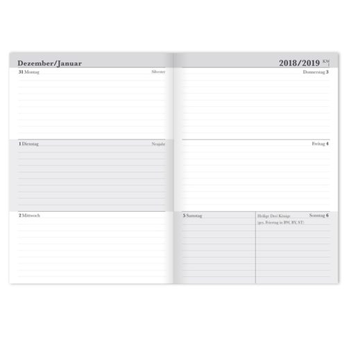 Offener Planer mit den Terminen für Dezember 2018 und Januar 2019 in deutscher Sprache, mit Tagesabschnitten und Notizbereich.