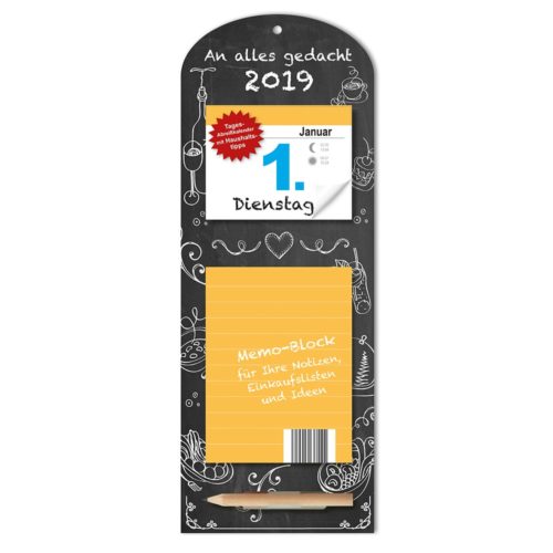 Kalender 2019 mit Tafelmotiv, Notizblock und Bleistift, mit dem 1. Januar, Dienstag.