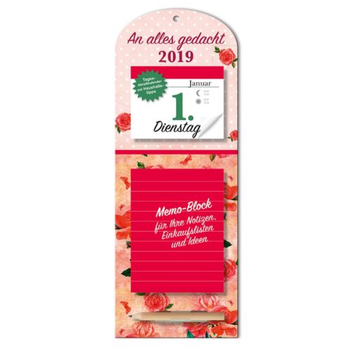 Wandkalender mit Blumenmuster, Notizblock und Bleistift für Notizen. Angezeigtes Datum: 1. Januar 2019.