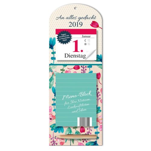 Notizblock mit farbenfrohem Blumendesign und Kalender für 2019. Deutscher Text auf dem Umschlag.