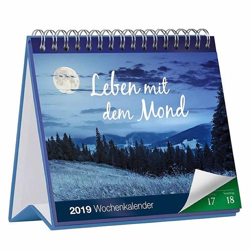 Tischkalender mit Waldszene im Mondlicht, Titel „Leben mit dem Mond“, 2019 Woche 17, Sonntag 18.