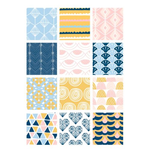 Ein Raster aus 12 geometrischen Mustern in Blau-, Gelb-, Rosa- und Weißtönen.