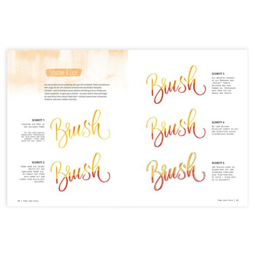 Eine Tutorial-Seite, die anhand von Beispielen die Schritte zum Erstellen von Farbverlaufseffekten im Brush Lettering zeigt.