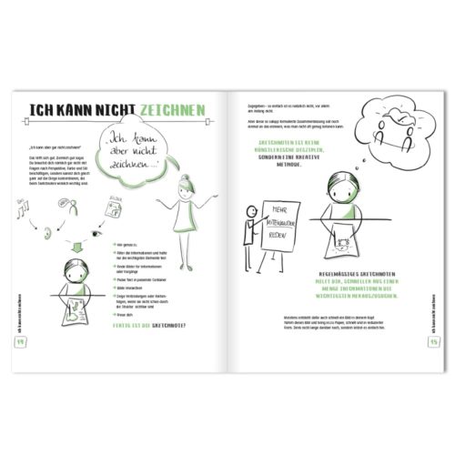 Offenes Buch mit Illustrationen und deutschem Text zum Thema Zeichnen. Grüne Akzente heben wichtige Punkte hervor.