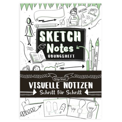 Cover eines Skizzenbuchs mit illustrierten Kritzeleien, Bleistiftzeichnungen und deutschem Text zum visuellen Notieren.