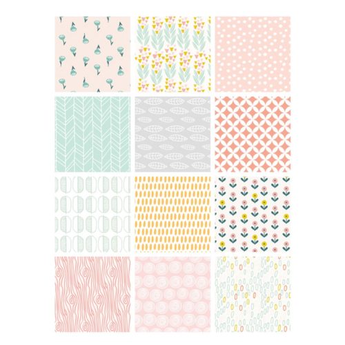Raster aus 12 Quadraten mit pastellfarbenem Muster, mit Blumen, geometrischen Formen, Winkeln und Wellenlinien.
