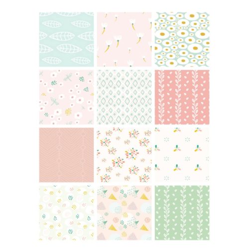 Ein Raster aus 12 farbenfrohen, floralen und geometrischen Mustern in Pastelltönen.