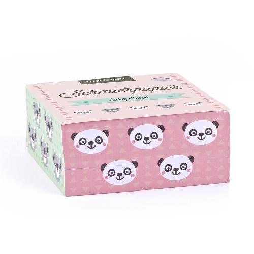 Pastellfarbene Schachtel mit Pandagesichtern auf allen Seiten, beschriftet mit „Schmierpapier Zettelblock“.