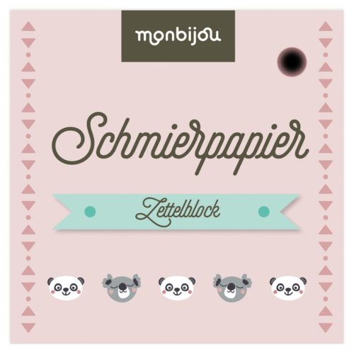 Rosa Notizblockumschlag mit „Schmierpapier“ und Pandagesichtern an der Unterseite.