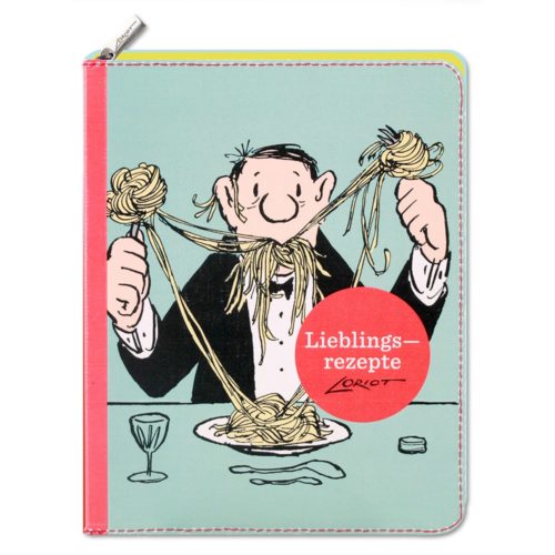 Cartoon-Mann im Anzug isst unordentlich Spaghetti mit den Händen, Covertext „Lieblingsrezepte – Loriot“.