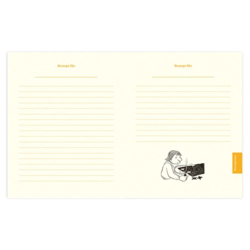 Offenes Notizbuch mit linierten Seiten und einer Illustration einer Person, die am Herd kocht, auf der rechten Seite.