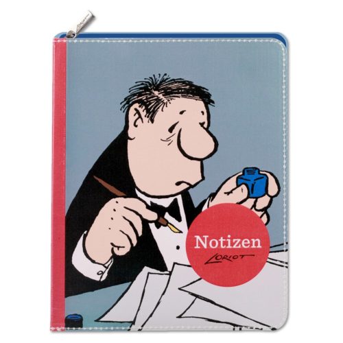 Ein Cartoon-Mann im Anzug macht sich mit einem Tintenstift Notizen. Auf dem Cover steht in einem roten Kreis „Notizen“.