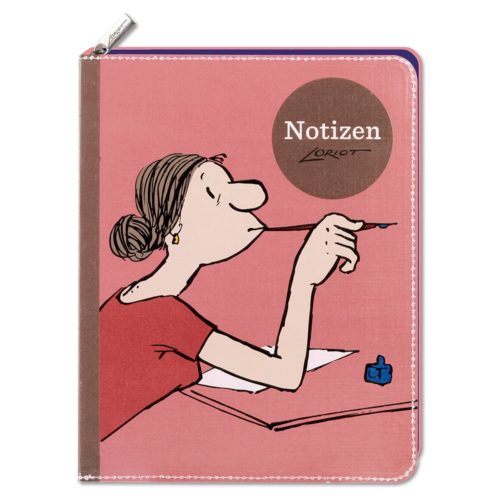 Abbildung einer Person mit roter Schrift und einem Stift mit der Aufschrift „Notizen“ auf rosa Hintergrund.