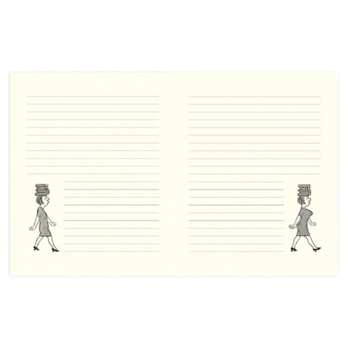Liniertes Papier mit Zeichnungen von Menschen, die Bücher auf dem Kopf tragen, in den unteren Ecken.