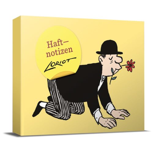 Cartoon-Mann auf allen Vieren mit Blume im Mund auf gelbem Hintergrund, Text: „Haftnotizen LORIOT“.