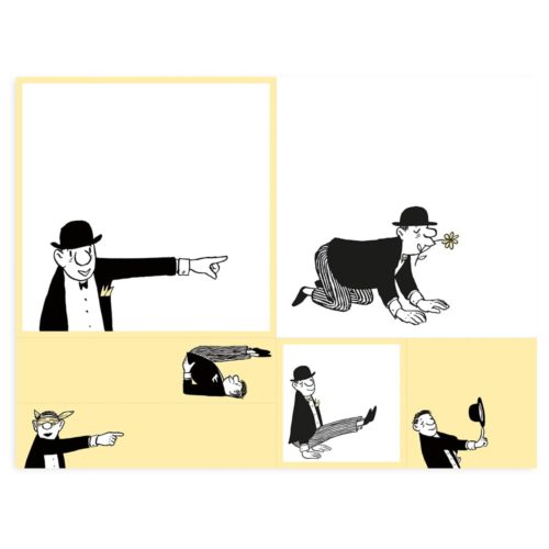 Zeichentrickmann mit Bowlerhut, der zeigt, mit einer Blume herumkrabbelt, sich hinlegt und mit dem Hut schwenkt, in einem Comic-Layout.