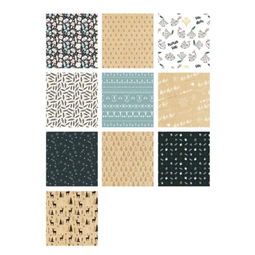 Raster aus 10 gemusterten Quadraten mit verschiedenen Feiertags- und Naturdesigns in Grün-, Beige- und Schwarztönen.