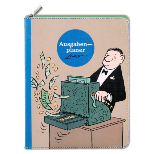 Illustration eines Mannes im Smoking, der eine Registrierkasse mit der Aufschrift „Ausgabenplaner“ bedient, aus der Geld fliegt.