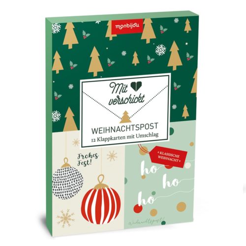 Weihnachtskartenset mit Bäumen, Ornamenten und Text auf dem Cover.