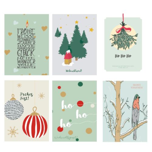 Eine Collage aus sechs festlichen Weihnachtskarten mit verschiedenen weihnachtlichen Motiven und Grüßen.