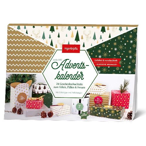 DIY-Adventskalender-Set mit 24 Geschenkboxen in festlichen Mustern, zum Falten, Befüllen und Genießen.
