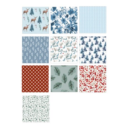 Ein Raster aus neun farbenfrohen Mustern mit Blumen-, Hirsch-, Beeren- und Blätterdesigns auf verschiedenen Hintergründen.