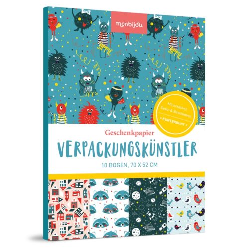 Farbenfrohes Geschenkpapier-Set mit verspielten Cartoon-Designs, darunter Monster, Katzen und Vögel.
