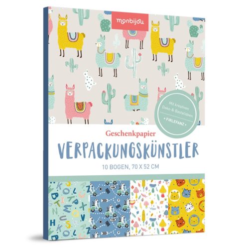 Farbenfrohes Geschenkpapier-Set mit Lamas, Kakteen, Buchstaben und Tieren auf gemusterten Blättern.