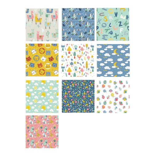 Neun farbenfrohe quadratische Muster mit Tieren, Pflanzen, Wolken und abstrakten Designs, angeordnet in einem Raster.