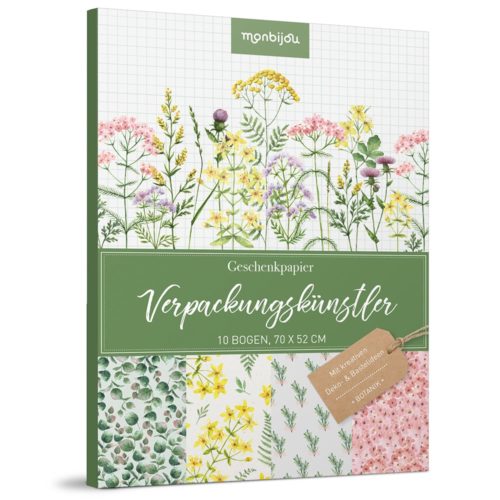 Geschenkpapier-Set mit floralen Motiven und der Aufschrift „Verpackungskünstler“ von monbijou. Inhalt: 10 Blatt, 70x52 cm.