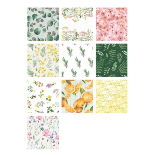 Collage aus 10 Mustern mit Blumen- und Naturmotiven in verschiedenen Farben, darunter Blätter, Blumen und Orangen.