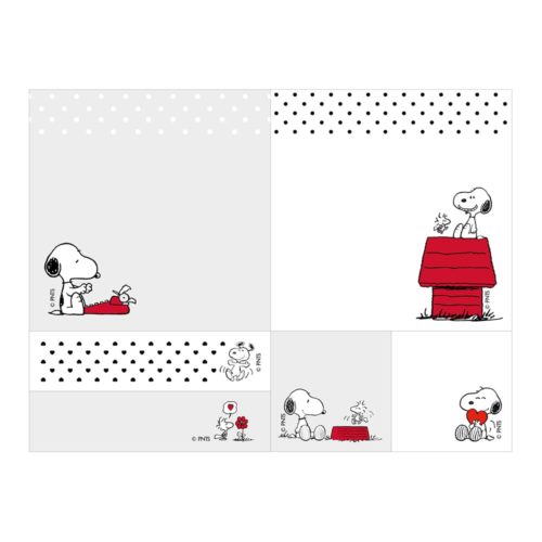 Snoopy-Comicstrips mit Snoopy und Woodstock auf einer Hundehütte und in verschiedenen Posen vor gepunkteten Hintergründen.