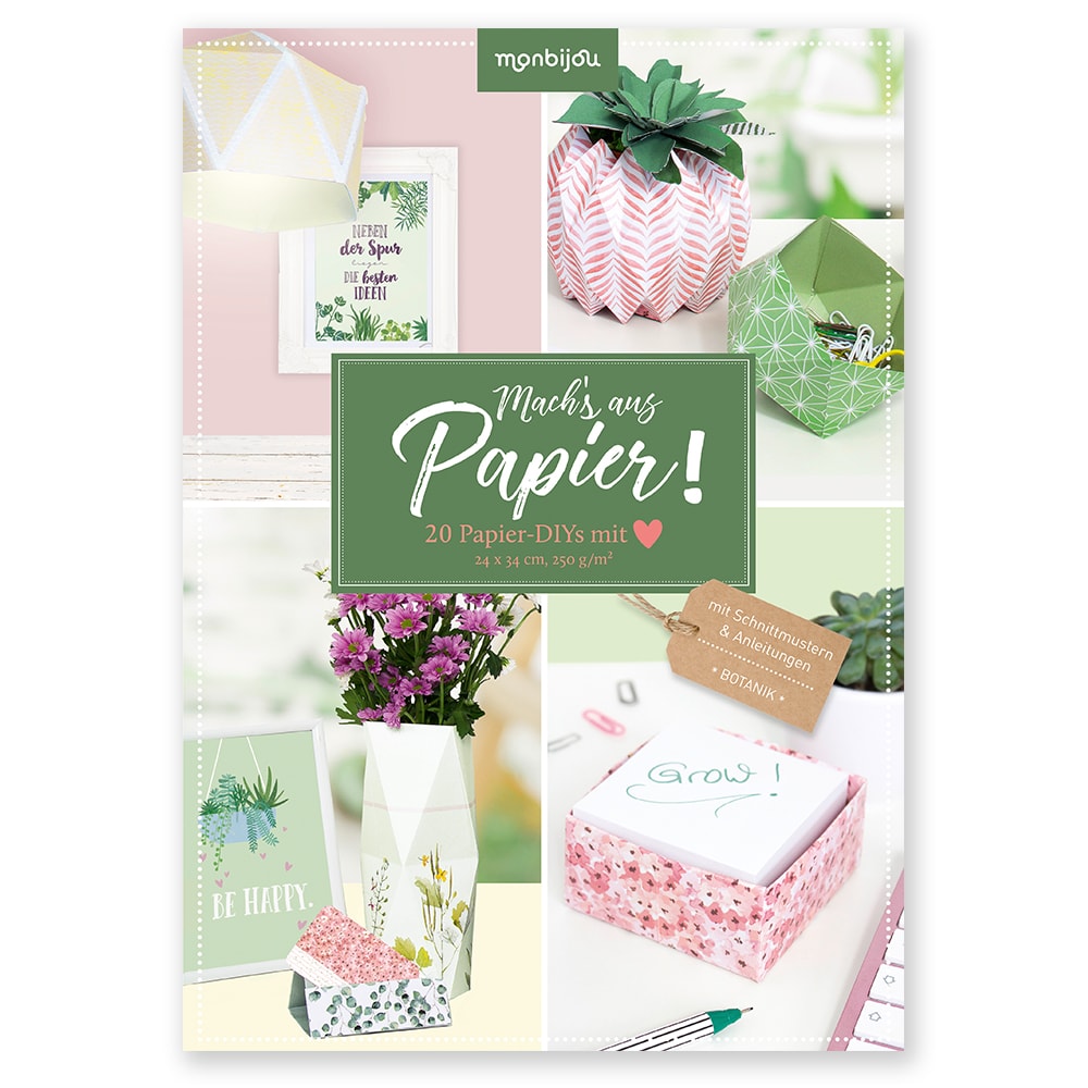 Basteln Sie Buchumschläge aus Papier zum Selbermachen mit dekorativen Schachteln, Blumen und geometrischen Mustern.