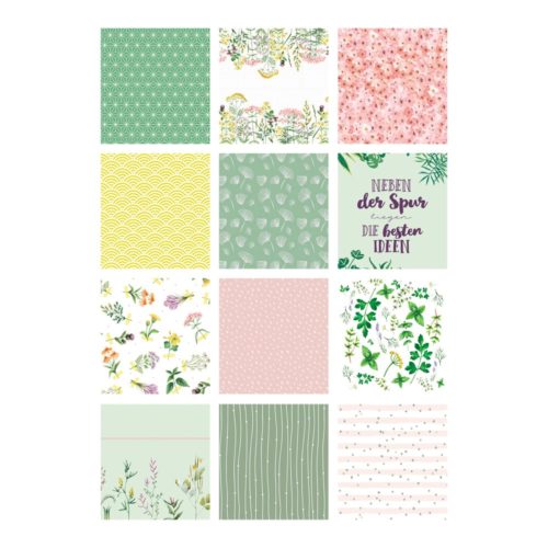 Collage aus 12 quadratischen Mustern mit floralen und abstrakten Designs in Grün-, Rosa- und Gelbtönen.