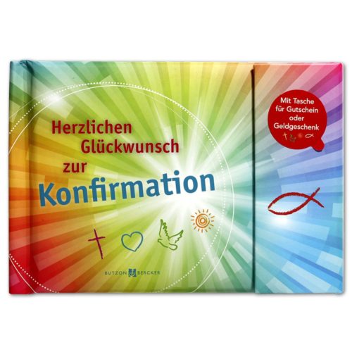 Bunte Konfirmationskarte mit Symbolen und deutschem Text „Herzlichen Glückwunsch zur Konfirmation“.