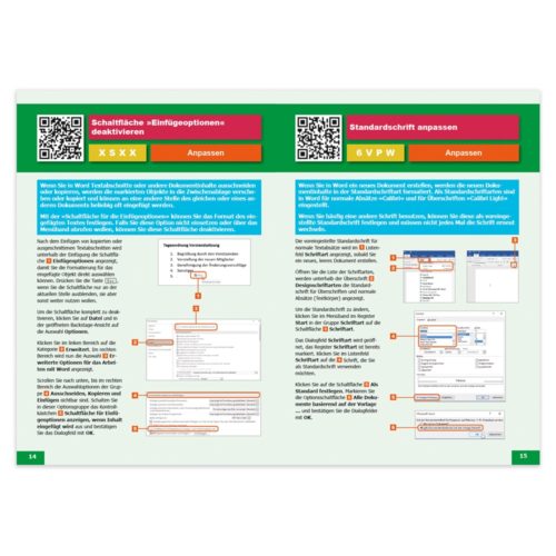 Anleitungstext zum Anpassen der Word-Einstellungen mit illustrierten Schritten und QR-Codes auf grün-weißem Hintergrund.