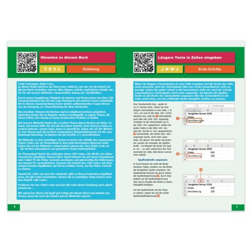 Mit Text gefüllte Seite aus einem Buch, enthält oben Anweisungen, Diagramme und QR-Codes.