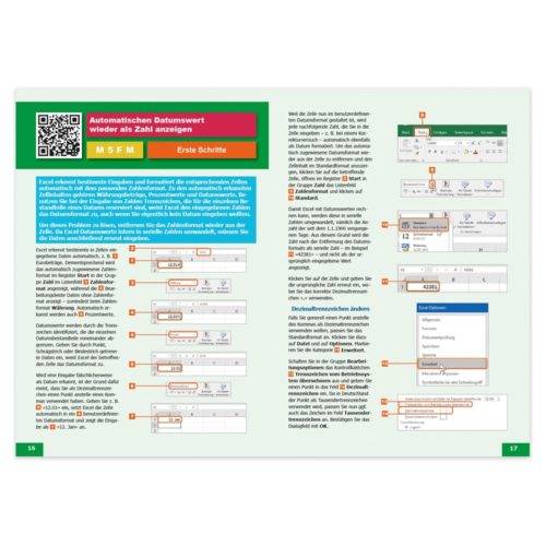 Anleitungsseite mit Diagrammen, die die Schritte zur Datenformatierung in einer Tabellenkalkulationsanwendung zeigen.