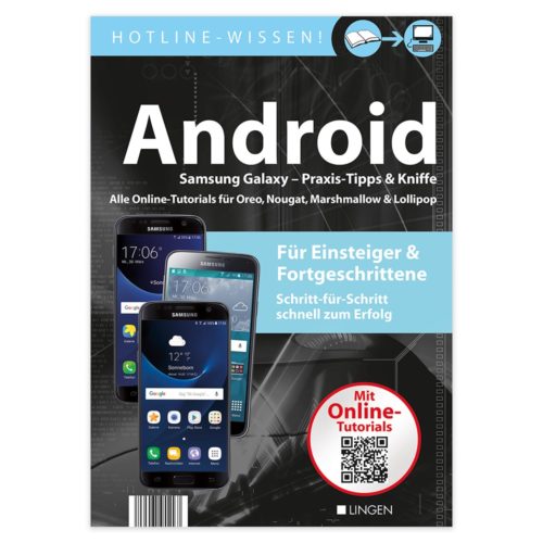 Buchcover mit „Android“-Text, Bildern des Samsung Galaxy-Telefons und deutschen Sätzen zu Tipps und Online-Tutorials.