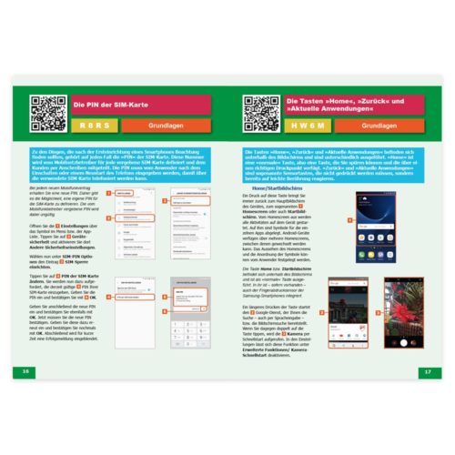 Anleitung mit Text und Bildern zum Einrichten der SIM-PIN und zur Verwendung der Home-, Zurück- und App-Umschalttasten.