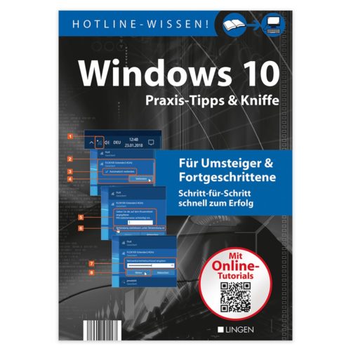 Cover eines deutschen Windows 10-Handbuchs mit Lernschritten und einem QR-Code für Online-Tutorials.