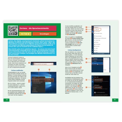 Doppelseitige Anleitung zur Verwendung von Cortana mit Screenshots und hervorgehobenen Anweisungen.