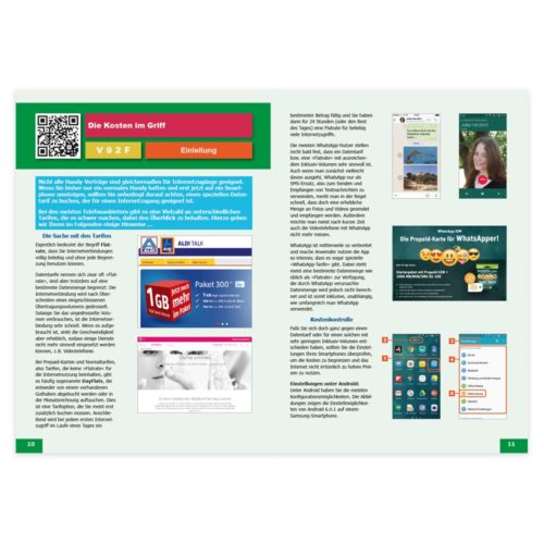 Eine Zeitschriftenseite mit Text, Bildern von Telefonbildschirmen und einem QR-Code in einem grün-weißen Layout.
