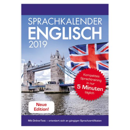 Kalendercover mit Tower Bridge und britischer Flagge, mit der Aufschrift „Sprachkalender Englisch 2019“ auf Deutsch.